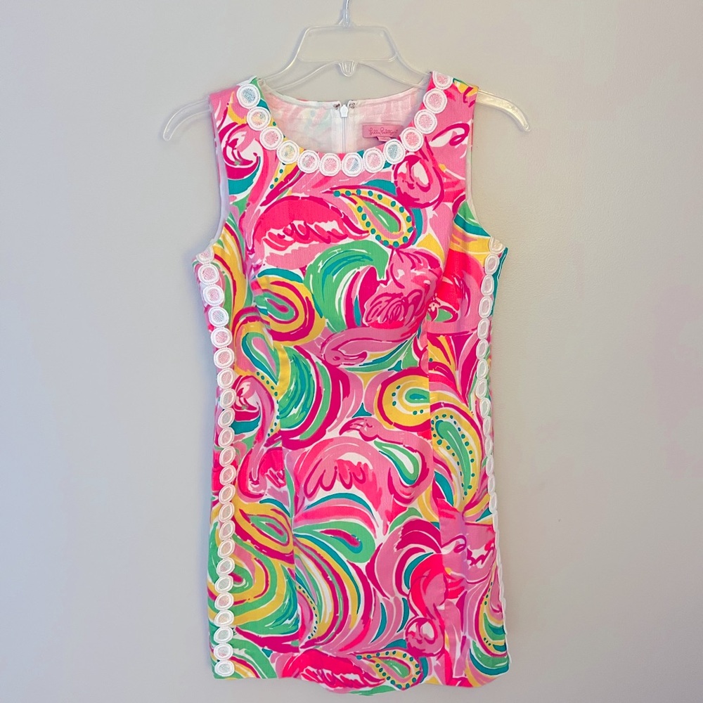 Lilly Pulitzer “All Nighter” shift dress with lace time on sides, size 4